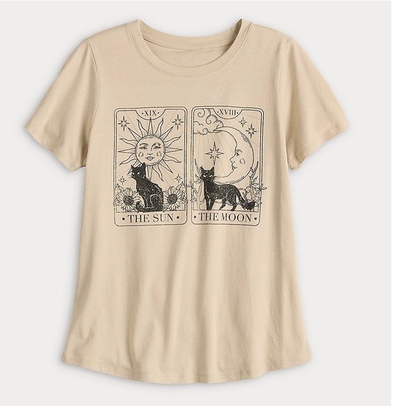 Women’s Tan W/Black Cat/Sun/Moon Short Sleeve Graphic TShirt. Various Sizes - Picture 1 of 4